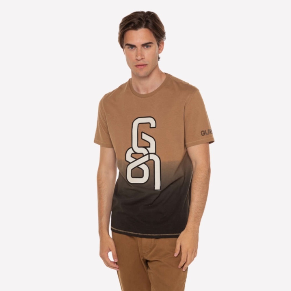 GUESS Brown Ombré Gradient Logo Graphic Jamey Crew Neck T-Shirt Small